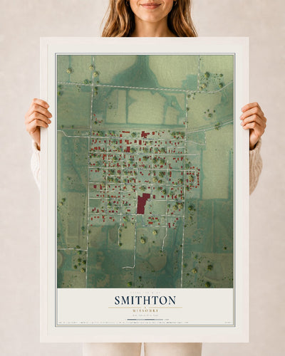 Map of Smithton, Missouri, 24 x 36 inch print in a white wood frame
