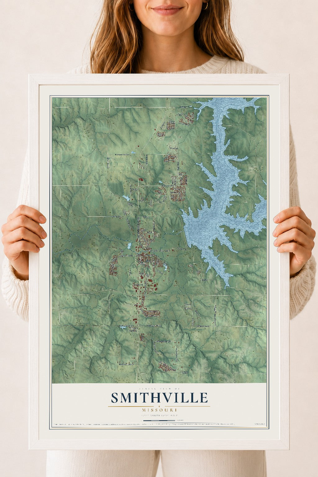 Map of Smithville, Missouri, 18 x 24 inch print in a white wood frame