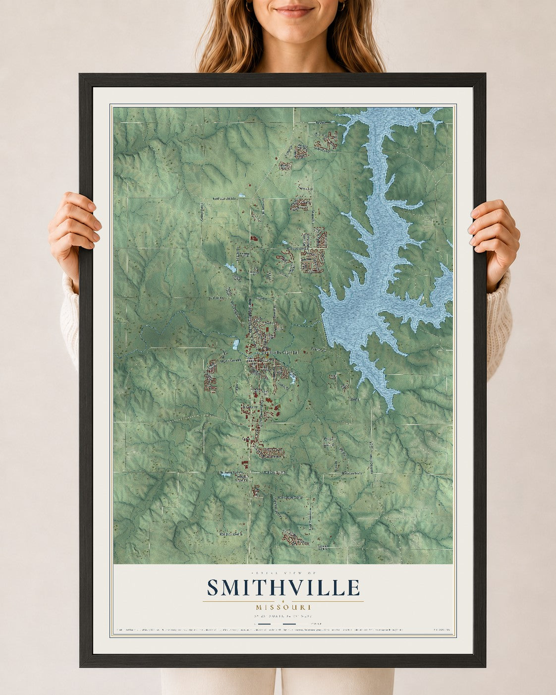 Map of Smithville, Missouri, 24 x 36 inch print in a black wood frame