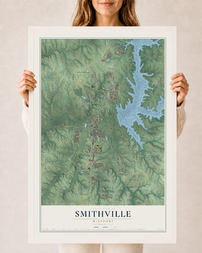 Map of Smithville, Missouri, 24 x 36 inch print in a white wood frame
