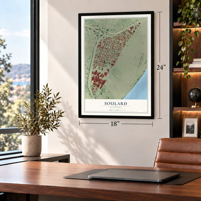 Soulard, Missouri map, 18 x 24 inch print in a black frame in a home office
