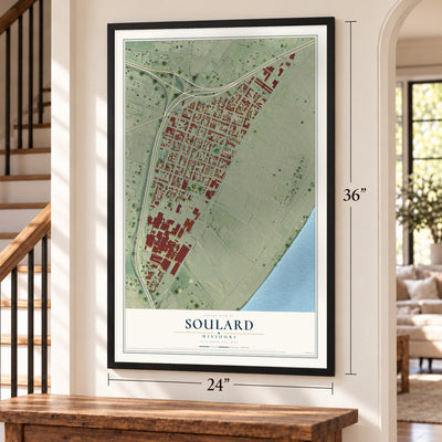 Soulard, Missouri map, 24 x 36 inch print in a black frame by a staircase