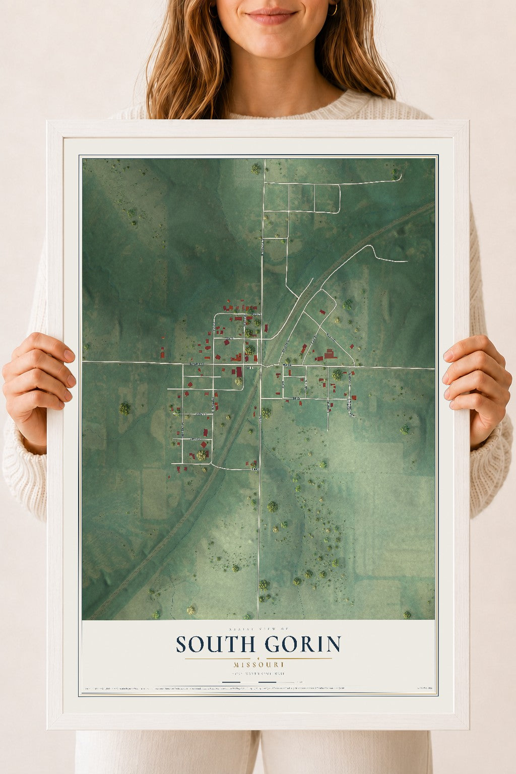 Map of South Gorin, Missouri, 18 x 24 inch print in a white wood frame