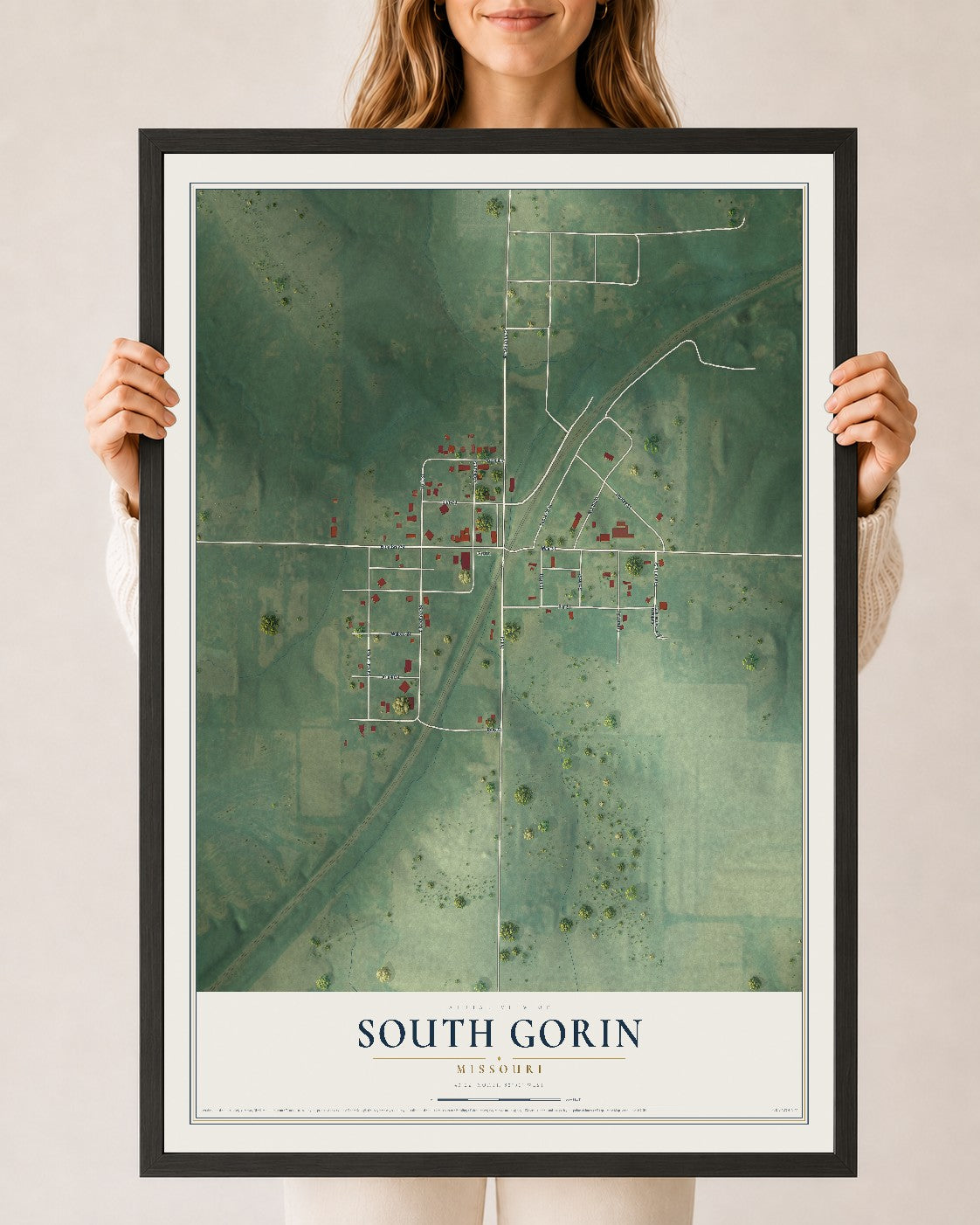 Map of South Gorin, Missouri, 24 x 36 inch print in a black wood frame