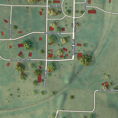 Close-up of the map of South Greenfield, Missouri print showing street and building detail