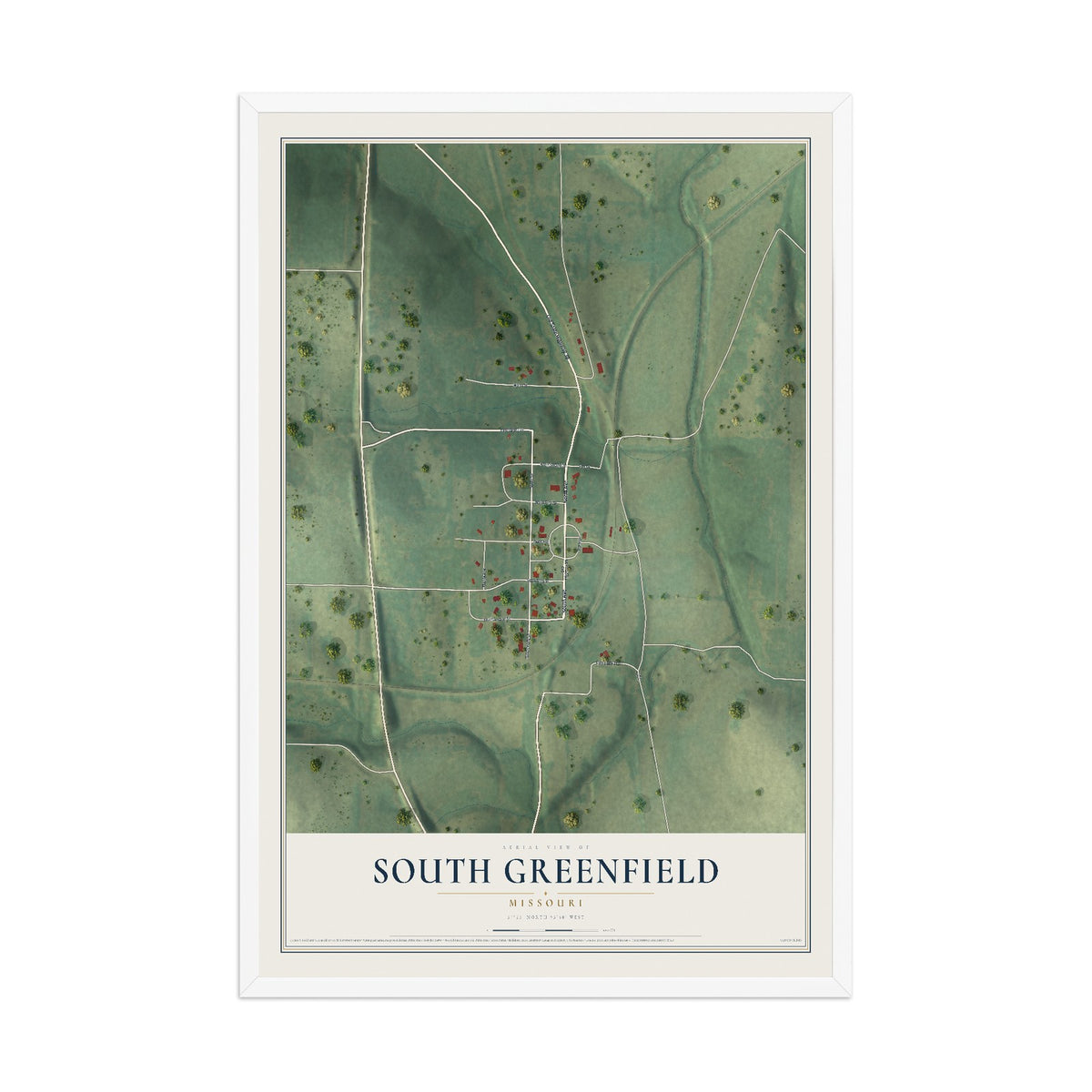 Map of South Greenfield, Missouri, 12 x 18 inch print in a white wood frame