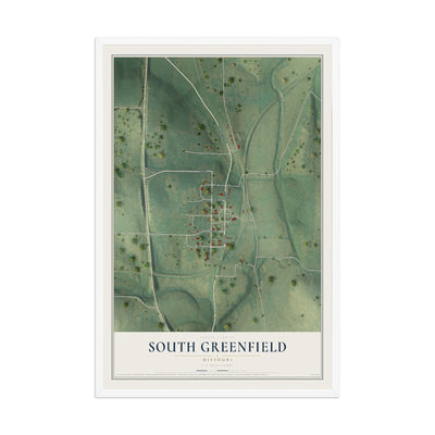 Map of South Greenfield, Missouri, 12 x 18 inch print in a white wood frame