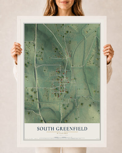 Map of South Greenfield, Missouri, 24 x 36 inch print in a white wood frame