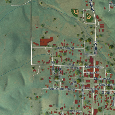 Close-up of the map of Southwest City, Missouri print showing street and building detail