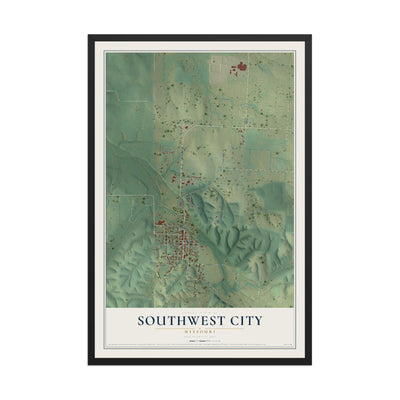 Map of Southwest City, Missouri, 12 x 18 inch print in a black wood frame