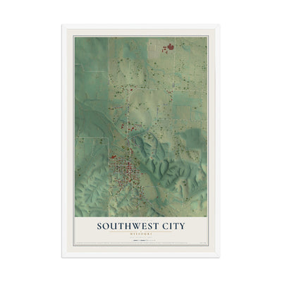 Map of Southwest City, Missouri, 12 x 18 inch print in a white wood frame