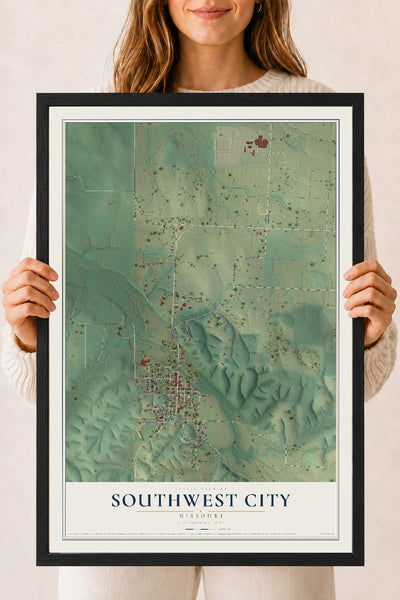 Map of Southwest City, Missouri, 18 x 24 inch print in a black wood frame