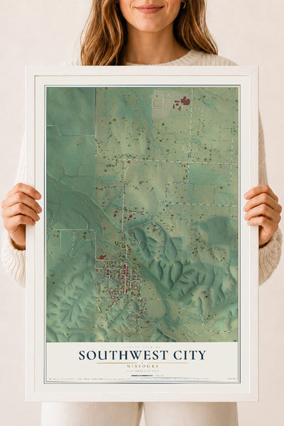 Map of Southwest City, Missouri, 18 x 24 inch print in a white wood frame