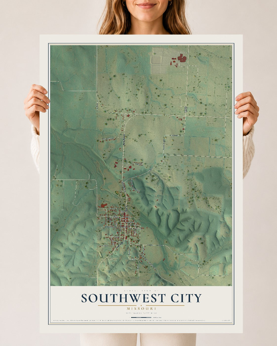 Map of Southwest City, Missouri, 24 x 36 inch unframed archival matte print