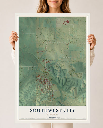 Map of Southwest City, Missouri, 24 x 36 inch unframed archival matte print