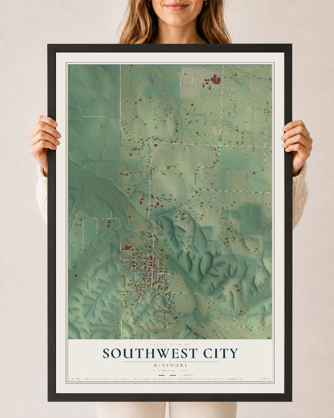 Map of Southwest City, Missouri, 24 x 36 inch print in a black wood frame