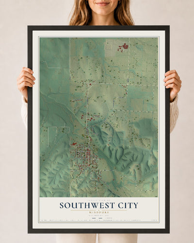 Map of Southwest City, Missouri, 24 x 36 inch print in a black wood frame