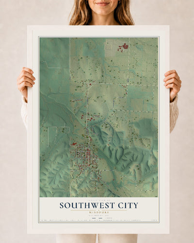 Map of Southwest City, Missouri, 24 x 36 inch print in a white wood frame