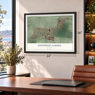 Southwest Garden, Missouri map, 18 x 24 inch print in a black frame in a home office