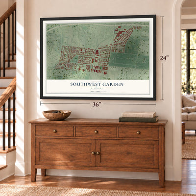 Southwest Garden, Missouri map, 24 x 36 inch print in a black frame above a dresser by a staircase