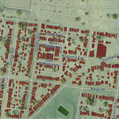 Close-up of the map of Southwest Garden, Missouri print showing street and building detail