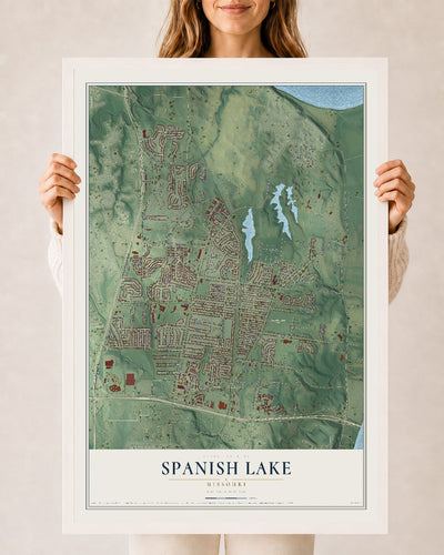Map of Spanish Lake, Missouri, 24 x 36 inch print in a white wood frame