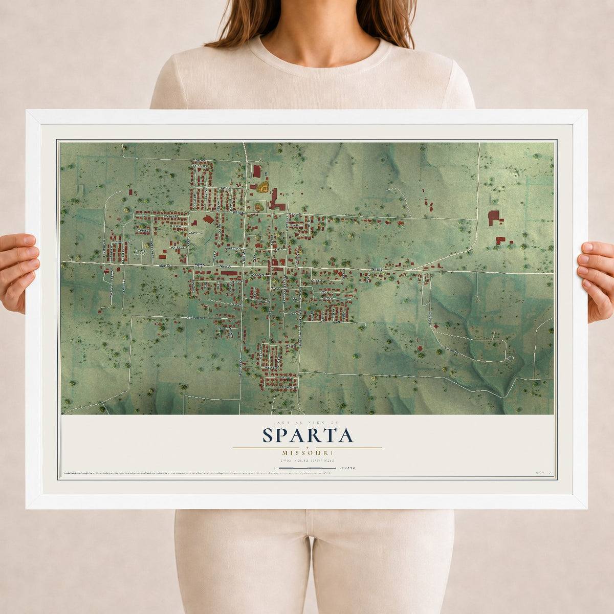 Map of Sparta, Missouri, 18 x 24 inch print in a white wood frame