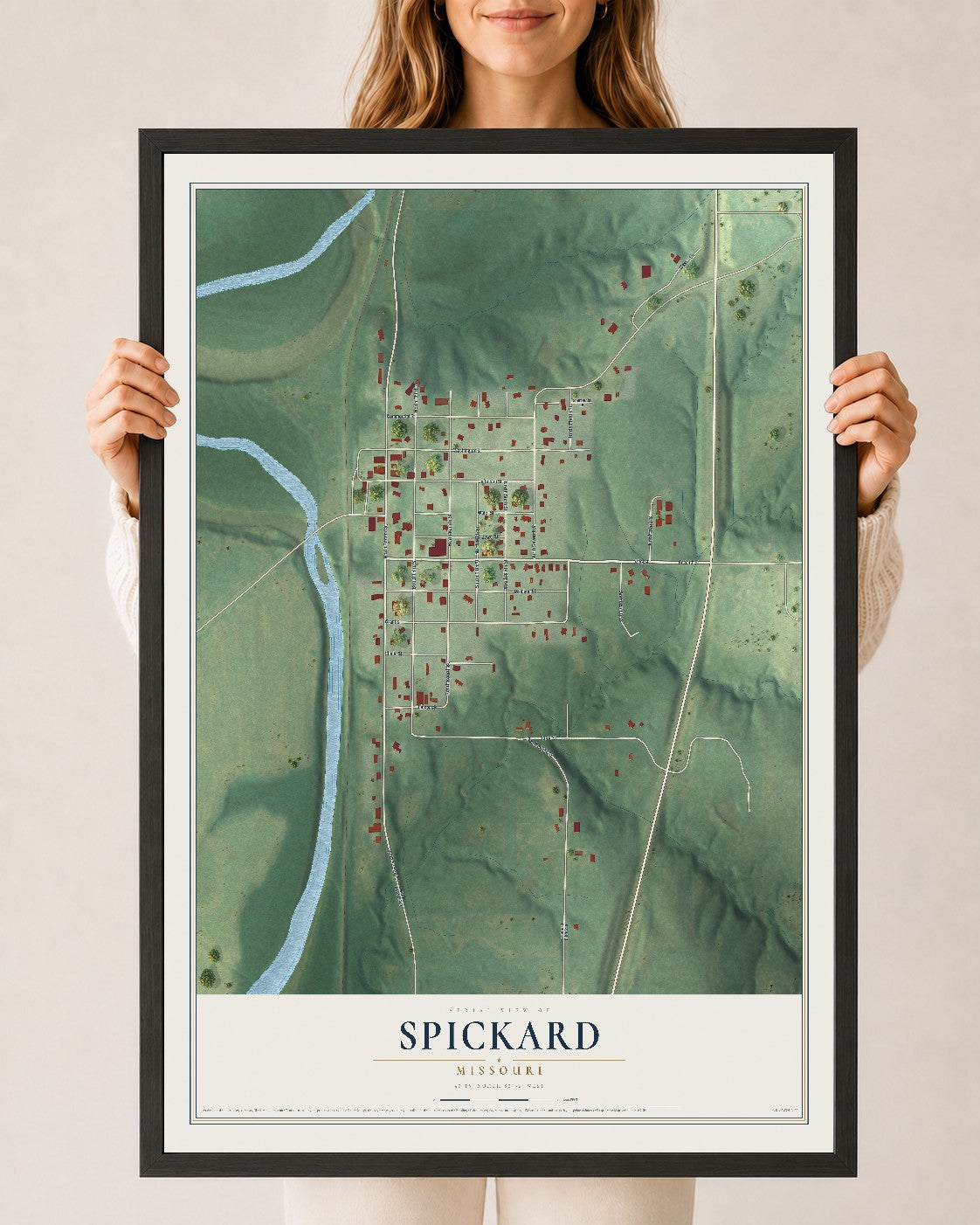 Map of Spickard, Missouri, 24 x 36 inch print in a black wood frame