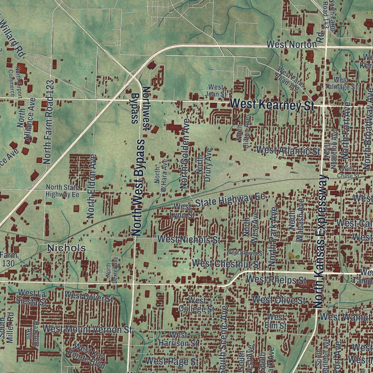 Second close-up of the map of Springfield, Missouri print showing more streets and buildings