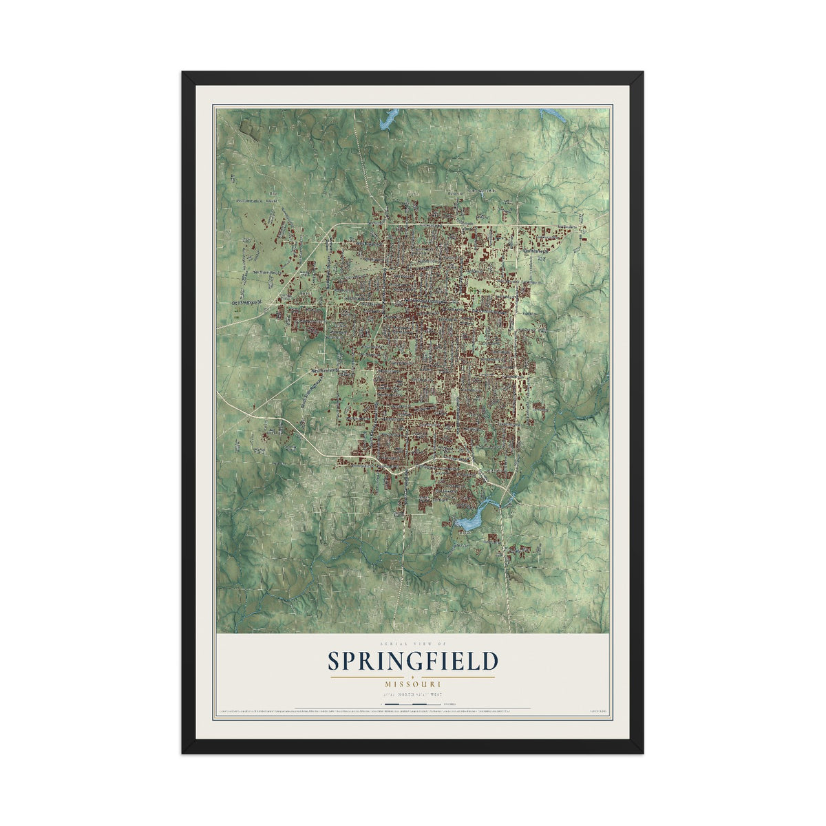 Map of Springfield, Missouri, 12 x 18 inch print in a black wood frame