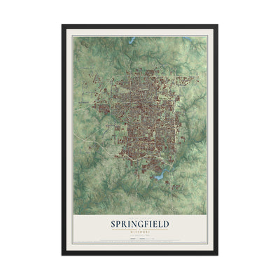 Map of Springfield, Missouri, 12 x 18 inch print in a black wood frame