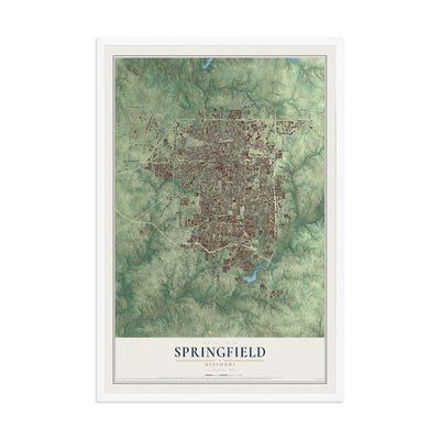 Map of Springfield, Missouri, 12 x 18 inch print in a white wood frame