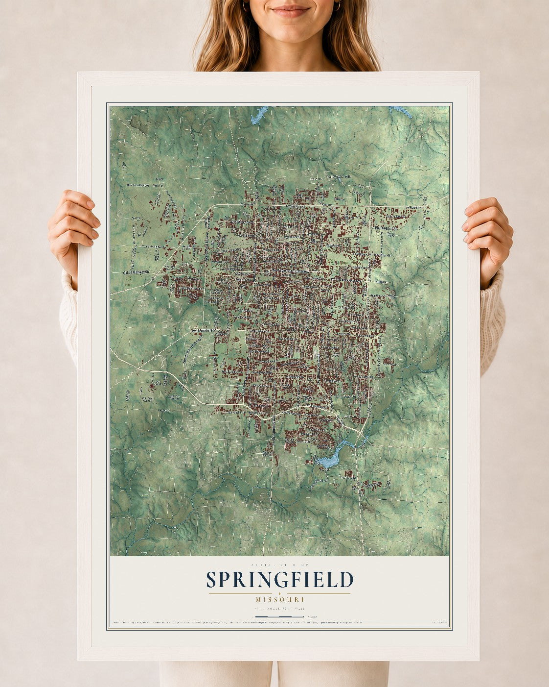 Map of Springfield, Missouri, 24 x 36 inch print in a white wood frame