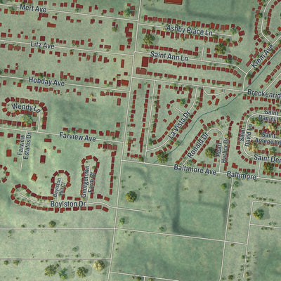Second close-up of the map of St. Ann, Missouri print showing more streets and buildings