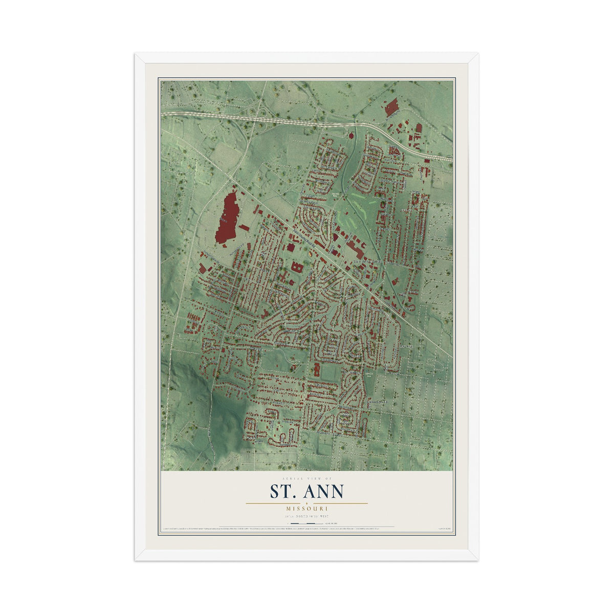 Map of St. Ann, Missouri, 12 x 18 inch print in a white wood frame