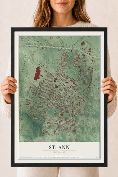 Map of St. Ann, Missouri, 18 x 24 inch print in a black wood frame