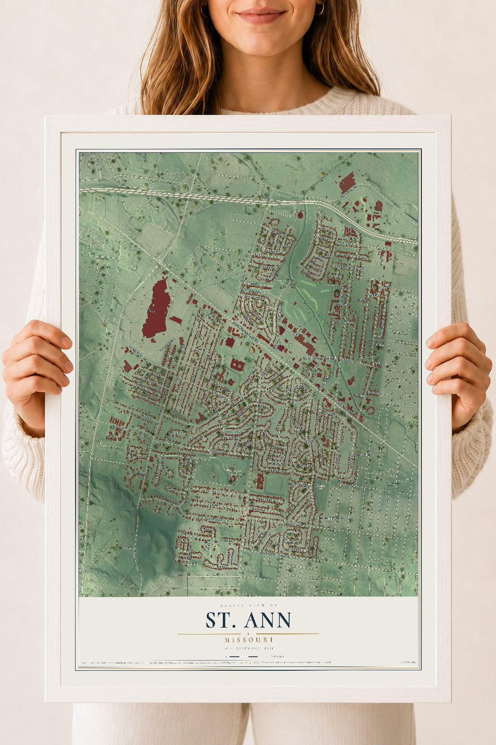 Map of St. Ann, Missouri, 18 x 24 inch print in a white wood frame