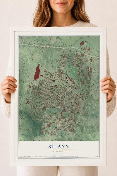 Map of St. Ann, Missouri, 18 x 24 inch print in a white wood frame