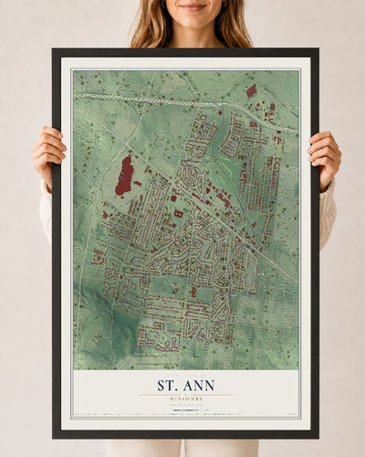 Map of St. Ann, Missouri, 24 x 36 inch print in a black wood frame