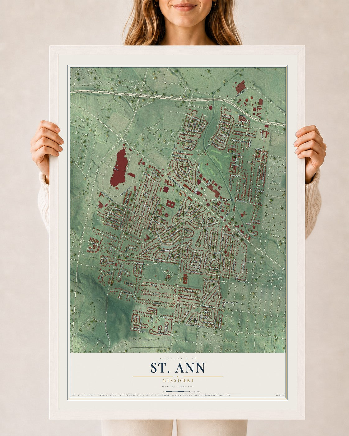 Map of St. Ann, Missouri, 24 x 36 inch print in a white wood frame