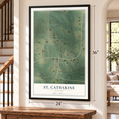 St. Catharine, Missouri map, 24 x 36 inch print in a black frame by a staircase