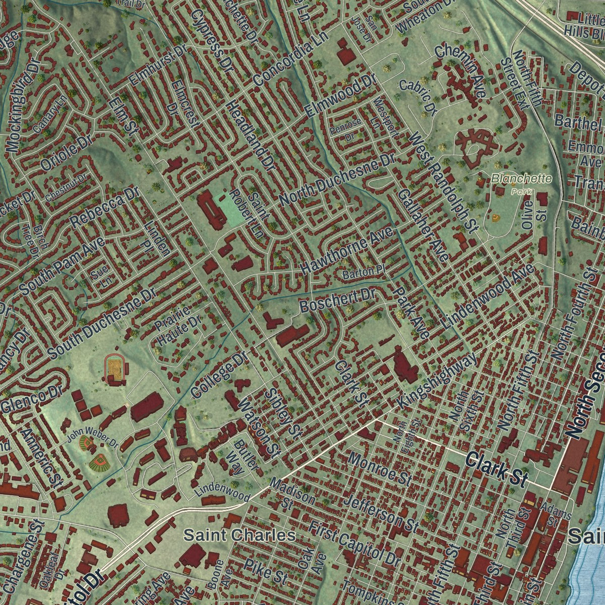 Close-up of the map of St. Charles, Missouri print showing street and building detail