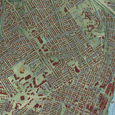 Close-up of the map of St. Charles, Missouri print showing street and building detail