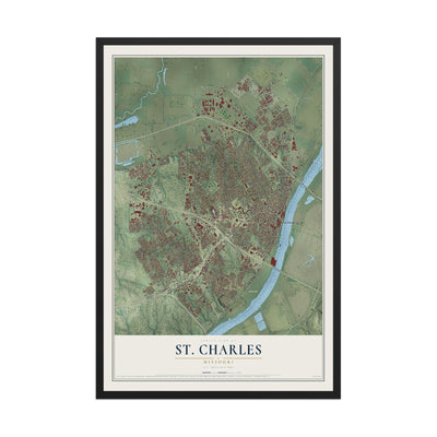 Map of St. Charles, Missouri, 12 x 18 inch print in a black wood frame