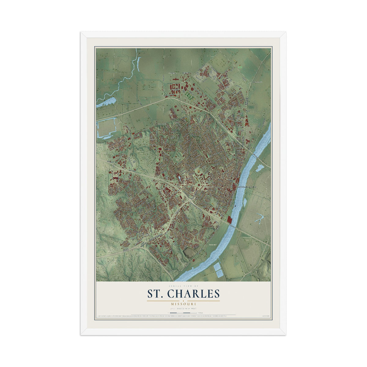 Map of St. Charles, Missouri, 12 x 18 inch print in a white wood frame