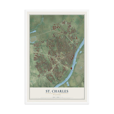 Map of St. Charles, Missouri, 12 x 18 inch print in a white wood frame