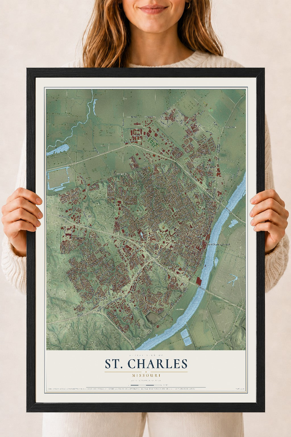 Map of St. Charles, Missouri, 18 x 24 inch print in a black wood frame