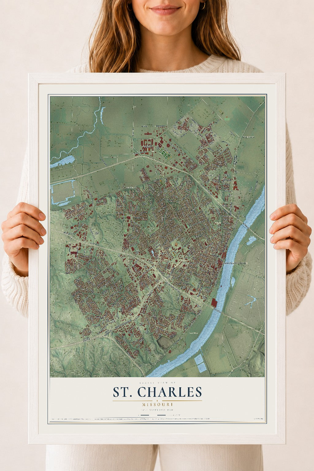 Map of St. Charles, Missouri, 18 x 24 inch print in a white wood frame