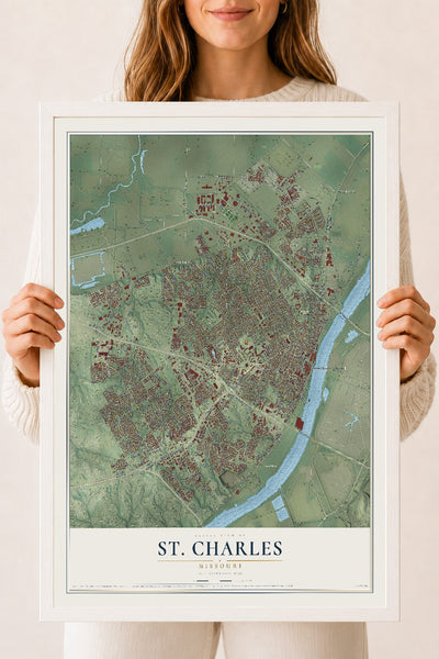 Map of St. Charles, Missouri, 18 x 24 inch print in a white wood frame