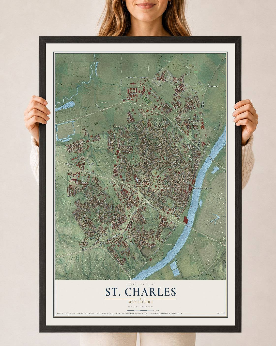 Map of St. Charles, Missouri, 24 x 36 inch print in a black wood frame